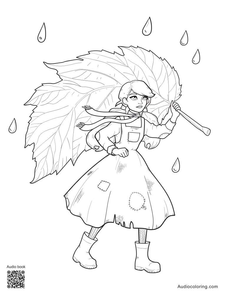 Coloring page: Under a leaf in the rain