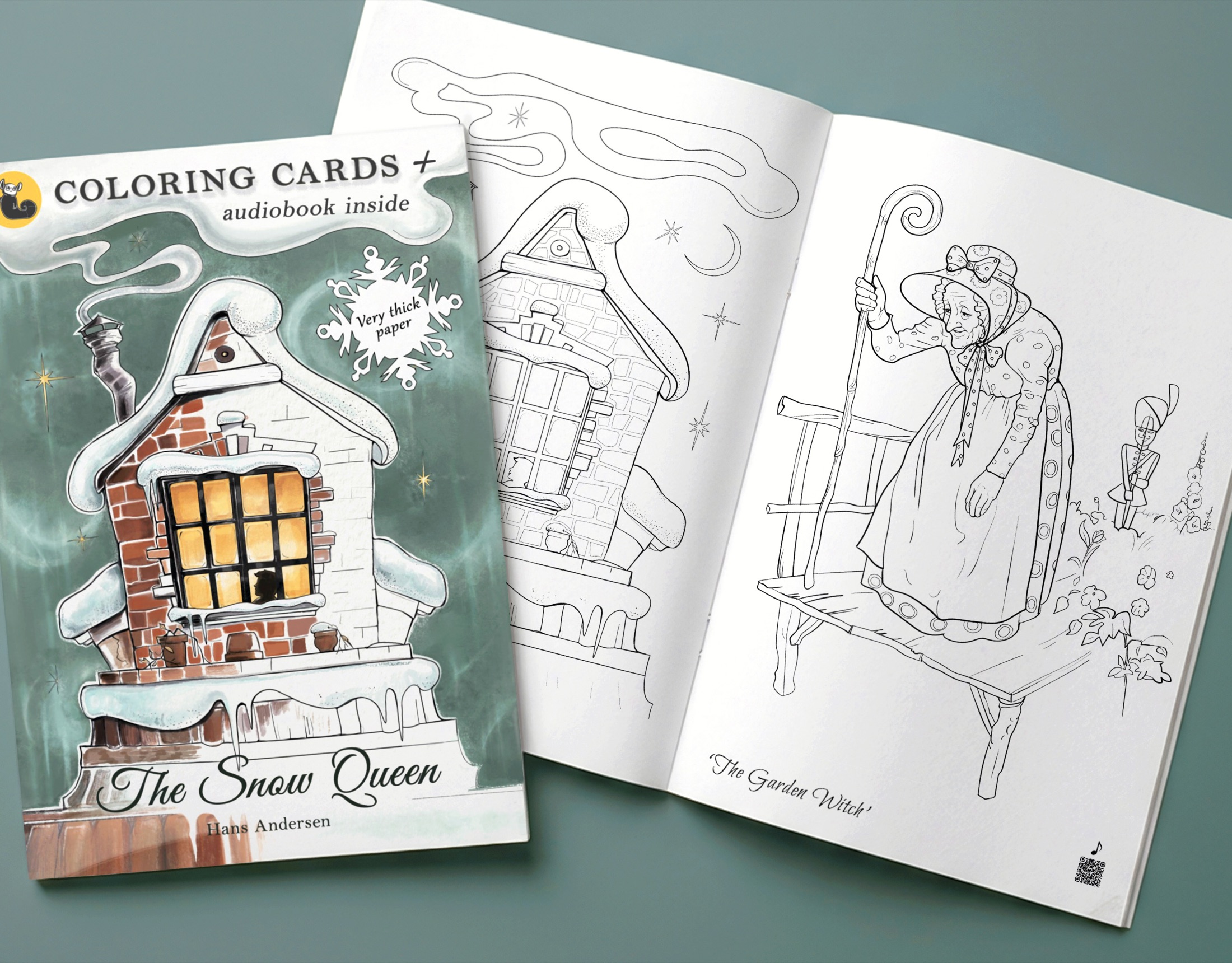 The Snow Queen book, open at the coloring page of the garden witch