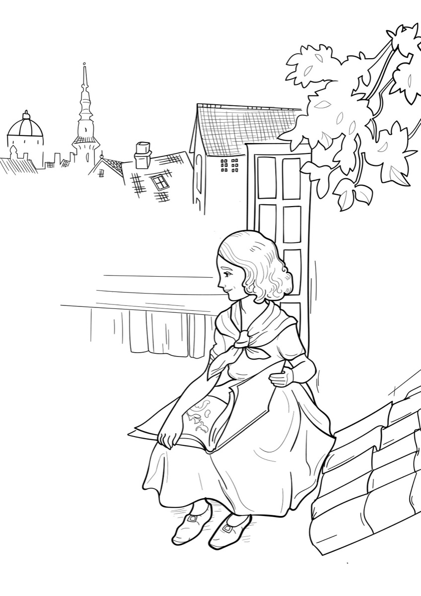 Coloring page: Gerda sitting on the roof among roses, the town towers behind her
